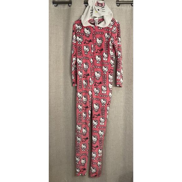 Hello Kitty Pink and White One Piece Fleece Pajama Jumpsuit Adult Size Small New - Picture 1 of 7